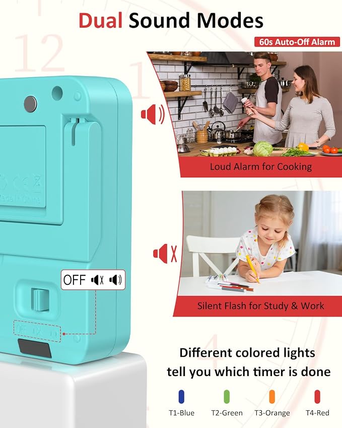 Digital Kitchen Timer with 4 Channel, Loud Alarm and Silent Mode | Magnetic Cooking Timer with Count Up & Countdown for Kids and Seniors, Large Display to Read, Auto Memory, Battery Included