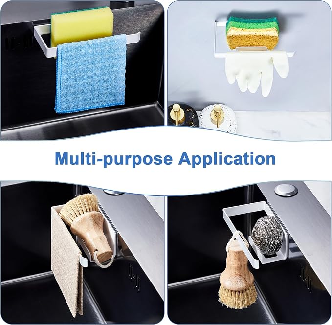 Sponge and Dish Cloth Holder for Kitchen Sink, 2 in 1 Adhesive Sink Dish Sponge Holder, Sinks Caddy Organizer Rack for Storage Sponges Scrubber Glove and Brush, White