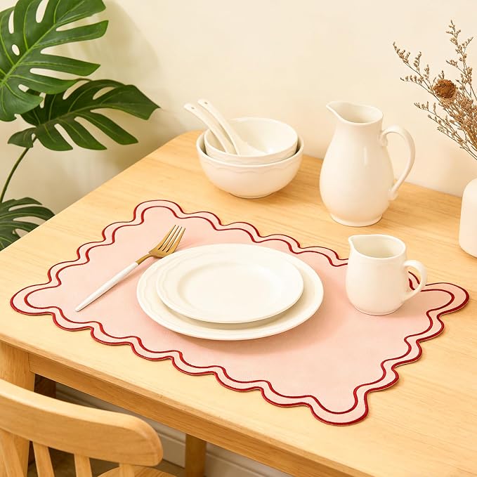 Whaline Vintage Red Pink Linen Placemats Embroidered Scalloped Kitchen Place Mats for Birthday Party Home Dining Table Decor, Set of 6, 13 x 19 in