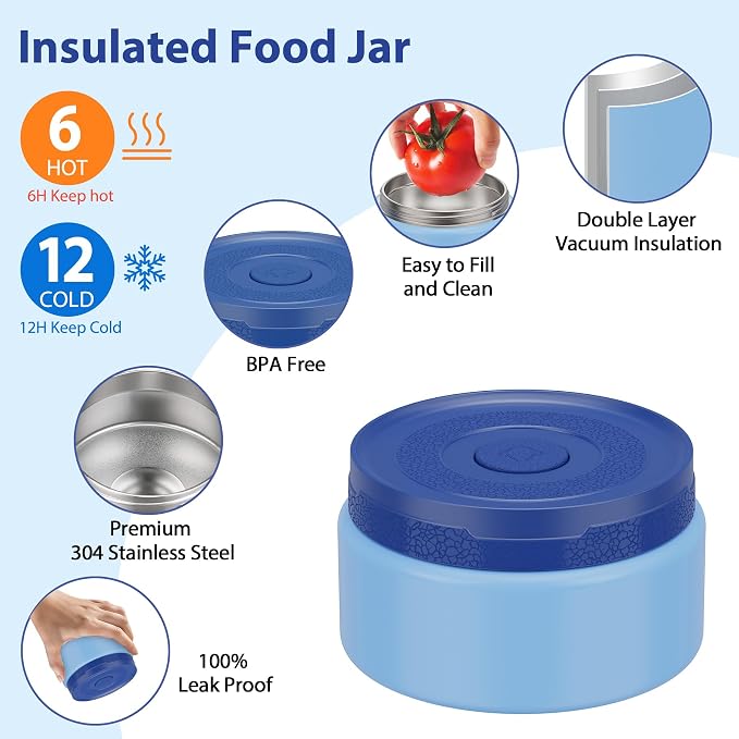 Kids Bento Lunch Box Set with 9.5oz Soup Thermo, Leak-Proof Lunch Food Containers with 3 Compartment and Removable Inner Tray, Insulated Hot Food Jar with Lunch Bag for School, Office, Blue