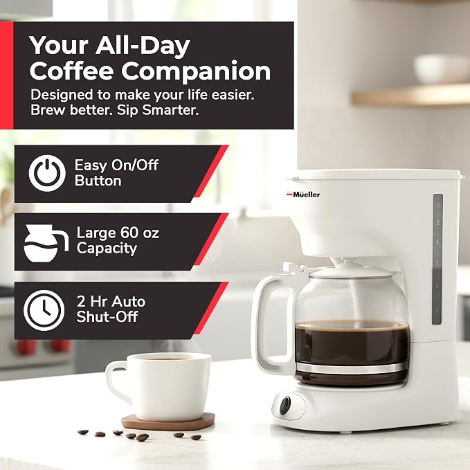 MUELLER HOME 12-Cup White Coffee Maker | Borosilicate Carafe, Auto-Off, Reusable Filter, Anti-Drip, Keep-Warm Function