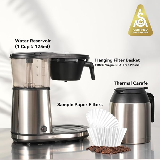 Bonavita 8 Cup Drip Coffee Maker Machine, One-Touch Pour Over, Auto Pause Brewing with Stainless Steel Double Wall Thermal Carafe, SCA Certified, Dishwasher Safe, BV1901TS | Stainless Steel Double Wall Thermal Carafe, SCA, Dishwasher Safe, BV1901TS
