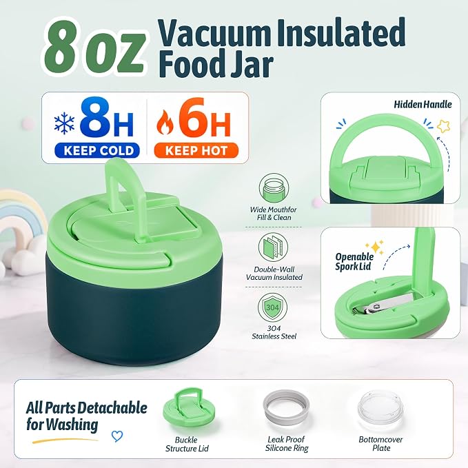 Bento Lunch Box Set for Kids with 8 oz Soup Thermo, Leakproof Hot Food Container with 4 Compartments, Insulated Food Jar for Toddler Daycare Boys Girls School - Green