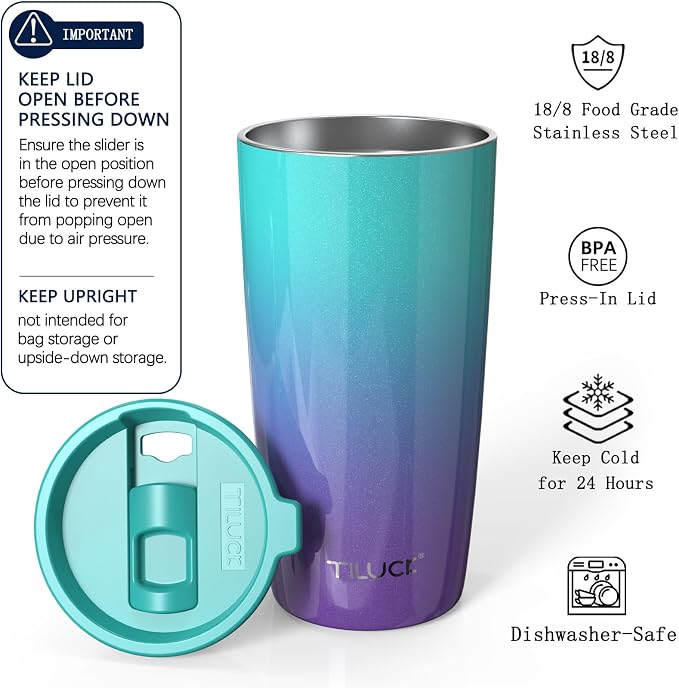 TILUCK 20 oz Insulated Coffee Tumbler with BPA-Free Lid | Travel Coffee Mug, Dishwasher Safe, Cup Holder Friendly,Double-Wall Vacuum Insulation for Hot & Cold Drinks,GlitterBluePurple