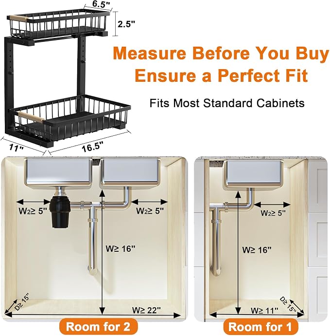 Under Sink Organizer, 2 Pack Height Adjustable Under Sink Organizers and Storage, 2 Tier Pull Out Drawer Cabinet Storage for Kitchen Bathroom