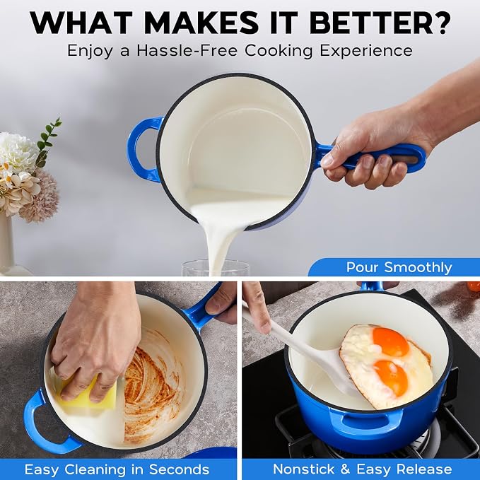 Onader 2 Quart Enameled Cast Iron Saucepan, Small Cast Iron Sauce Pan Pot for Cooking, Enamel Dutch Oven Kitchen Pot – Deep Blue