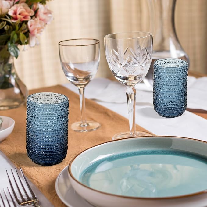 CHLJAR Vintage Glassware Drinking Glasses Set of 6, 14 oz hobnail drinking glasses, Embossed Blue Water Tumbler for Cocktail Whiskey Wine Beer Juice, Old Fashioned Beaded Glasses, Blue