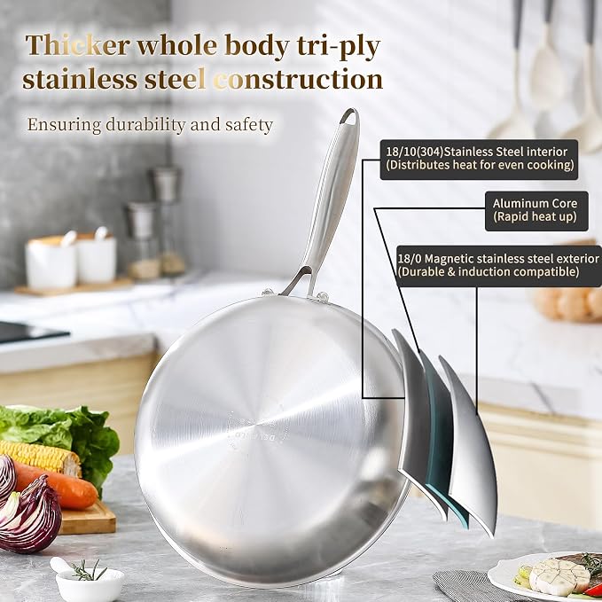 DELARLO Tri-Ply Stainless Steel Pan,18/10, 8",12" | Nontoxic Durable Oven Safe 800℉ All Cooktops Compatible Fast Even Heat PFOA Free Large Frying Pan Nontoxic Cookware