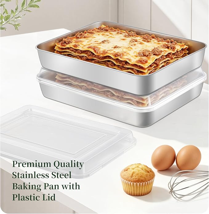 Stainless Steel Baking Pan with Lid, 2-Pack Rectangular Cake Pan Set, Non-Toxic & Heavy Duty Metal Bakeware for Brownie, Lasagna, Casserole, Roasting, Dishwasher Safe