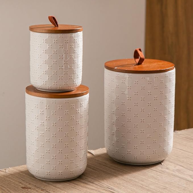 Mowtanco Embossed Ceramic Canister Set with Airtight Bamboo Lid | 12/30/48 oz White Ceramic Kitchen Jar Set, Countertop & Pantry Organization for Coffee, Sugar, Flour, Tea & Snacks