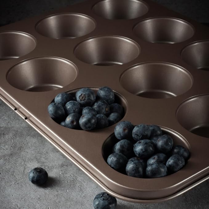 12 Cup Muffin Pan Nonstick, PFOA & BPA Free | | Non-Toxic - High Carbon Steel - Gold - Cupcake Tin for Oven Baking