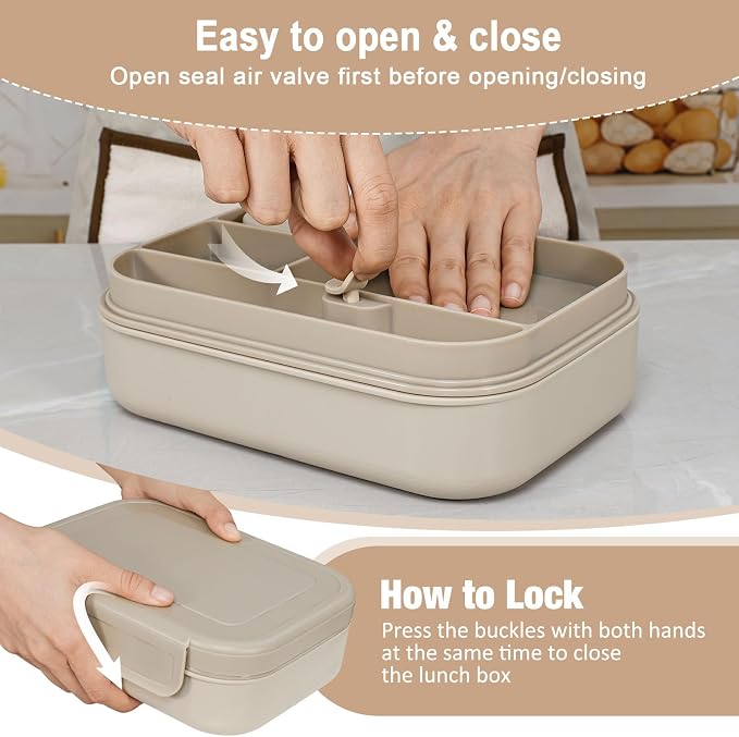 Caperci Stackable Bento Lunch Box for Adult & Teens - Reinforced Leak-Proof Lunch Container 4-Compartment with Utensils & Sauce Container, BPA-Free, Dishwasher/Microwave Safe, 47oz (Pale Mocha)