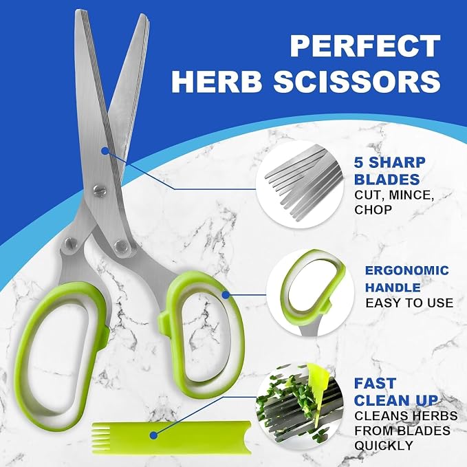 Herb Scissors, Shallot Scissors, Multipurpose 5 Blade Kitchen Herb Shears, Herb Cutter with Safety Cover and Cleaning Comb for Chopping Shallot Basil Chive Parsley