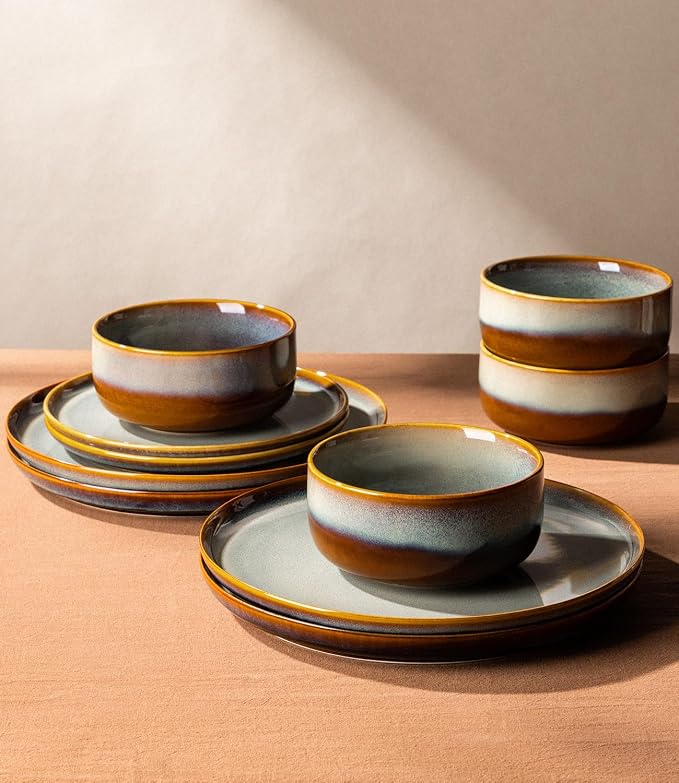 Ceramic Dinnerware Set for 8, 24-Piece Plates and Bowls Set | Handmade Reactive Glaze Dish Set, Scratch Resistant, Oven & Microwave & Dishwasher Safe, Dusk Blue