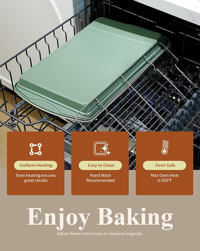 Nonstick Crisp Baking Tray With Wire Rack, Ceramic Coating Jelly Roll 15x10 Cookie Sheet Pan, Non-Toxic, PTFE & PFOA Free, Oven Safe 550°F, Dishwasher Safe, Aluminized Steel, Pistachio Green