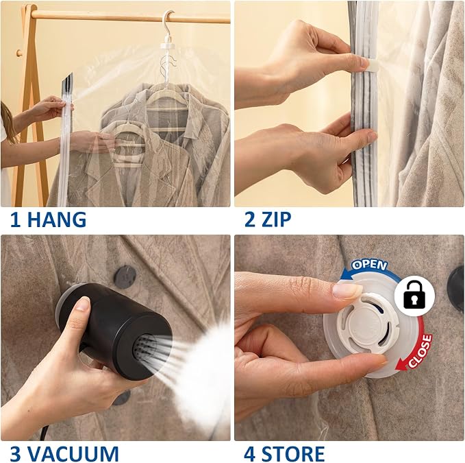 Hanging Vacuum Storage Bags, Space Saver for Clothing, 4 Long with Pump | Vacuum Seal Bags for Clothing with Electric Pump, Hanging Garment Storage for Jackets, Suit, Dresses, Winter Closet Organizer