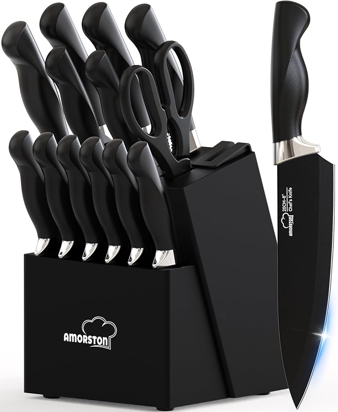 Knife Set 15 Piece Kitchen Knife Set with Block | Built in Sharpener, German Stainless Steel, Dishwasher Safe, Black Kitchen Knives Complete Set, For Home Cooking & Gifting