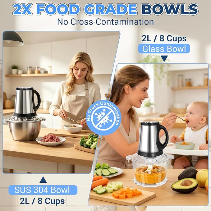 Food Processor-2 Bowls (8Cups+8Cups),800W Food Chopper Meat Grinder | 【2 Sets Stainless Steel Blade】【Pure Copper Motor】Small Food Processor for Meat,Vegetable,Garlic,Onion,Chicken Shredder