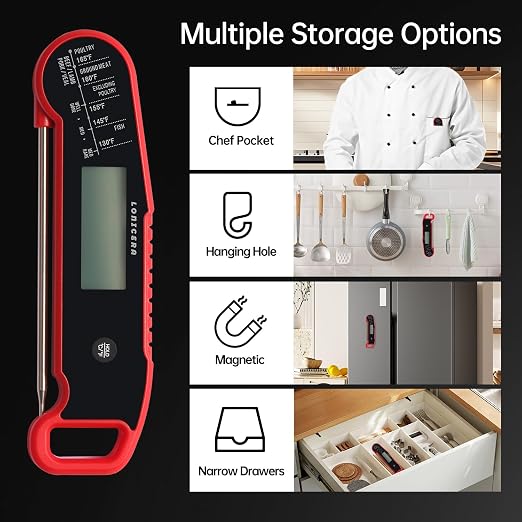 Lonicera Instant-Read Meat Thermometer, 1-Second, IP67 Waterproof, Red | Thermocouple sensor delivers readings in 1 second with ±0.9°F accuracy, plus IP67 waterproofing, auto-rotate and wake
