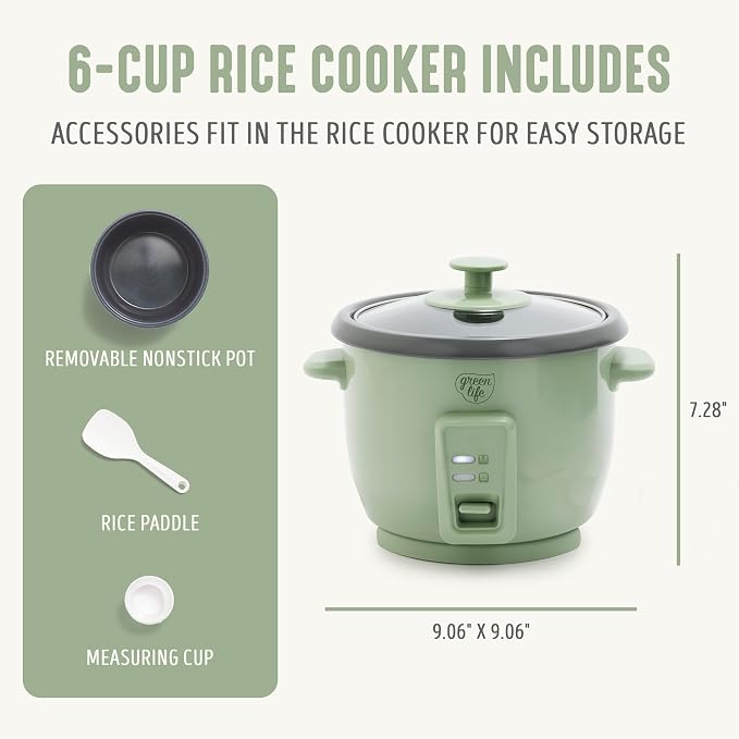 GreenLife Rice Cooker, 3-Cups Uncooked/6-Cups Cooked, Sage Green | PFAS-Free Ceramic Nonstick Removable Pot, One-Switch Design, Grains Multicooker, Keep Warm, Dishwasher Safe Parts, Easy Clean