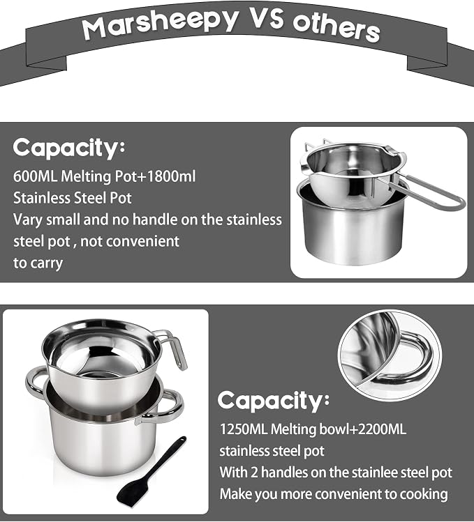 1.1QT Double Boiler Chocolate Melting Pot with 2QT 304 Stainless Steel Pot | 304 food-grade steel, rust-proof. Melt chocolate, butter, candy, wax, soap. Stovetop safe, Dishwasher safe