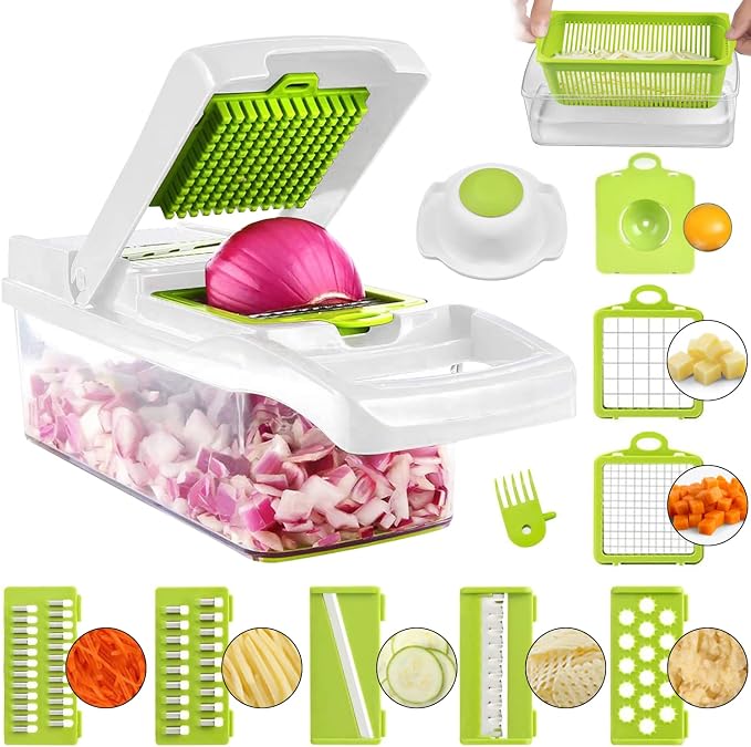 ADOV Mandoline Slicer for Kitchen, Vegetable Chopper with Container, 14 in 1 Multifunctional Food Chopper, 7 Blade Onion Cucumber Slicer Vegetable Cutter for Salad, Potato Essential Kitchen Gadgets