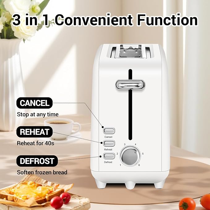 SEEDEEM Stainless Steel Toaster 2 Slice Slim, 10" Single Long Slot, White | 6 Shade Settings, Extra Wide Slot Fits Bagels & Artisan Bread, Defrost, Cancel Function, Removable Crumb Tray