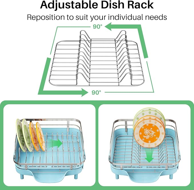 SAYZH Expandable Dish Drying Rack for Small Kitchen Counter, Blue | Stainless Steel, Protective Guardrail, Angled Drainboard, Fits High-Rim Sinks, Removable Utensil Holder