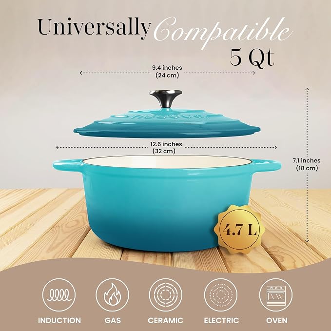 Cast Iron Dutch Oven with Lid - Non-Stick Ovenproof Enamelled Casserole Pot - Sturdy Dutch Oven Cookware - Teal, 5- Quart, 24cm- by Nuovva