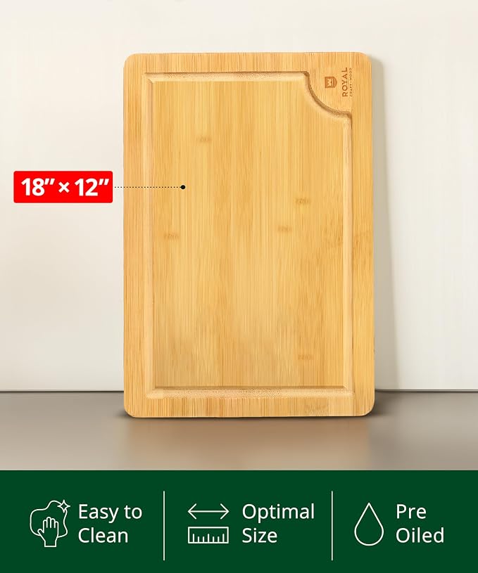 ROYAL CRAFT WOOD Bamboo Cutting Board | with Juice Groove - Kitchen Chopping Board for Meat Cheese and Vegetables, Heavy Duty Serving Tray