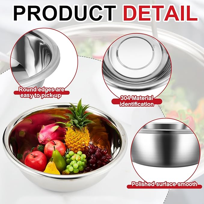 FillTouch 2 Pack Large Mixing Bowl 13 Qt Oversized All Purpose 304 Stainless Steel Polished Mirror Flat Base Metal Bowl for Home or Commercial Prepping Baking Mixing Marinating