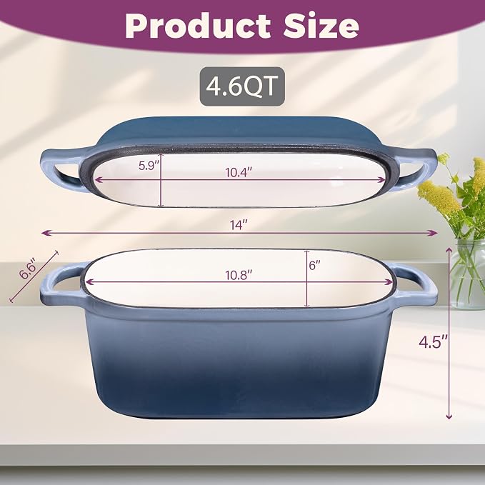 4.6-Quart Oval Dutch Oven for Bread Baking | 2 in 1 Enameled Cast Iron Bread Pan with Lid, Sourdough Baking Pan for a Crispy Crust, Seasalt