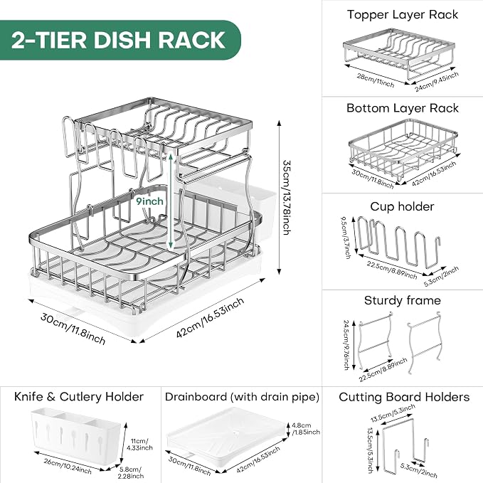 2 Tier Dish Drying Rack,Stainless Steel Dish Rack For Storing Knife Fork Pots&Pans,Dish Drying Rack With Drain Tray For Kitchen Countertops/Sinks,Silver Tiered Dish Rack With Retractable Drain Outlet