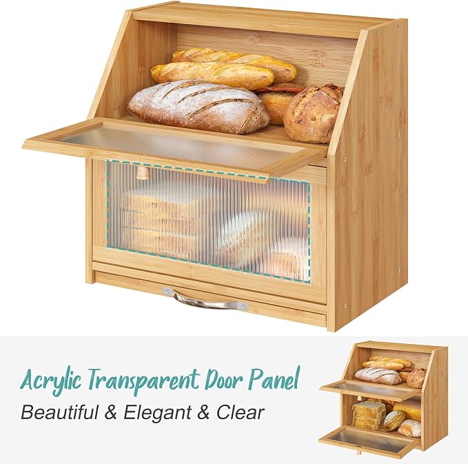Extra Large Bread Box with Cutting Board Bamboo Wood Bread Box for Kitchen Counter, Double Layer Large Capacity Bread Storage Bin with Acrylic Wavy Door Panel (Natural)