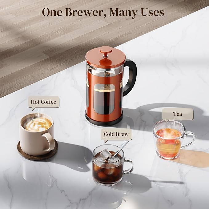 Veken French Press Coffee Maker,No Plastic Touches Cafe,21oz 0.6L Small Pot | Heat Resistant Thickened Borosilicate Glass Stainless Steel Brewer, Single Serve for Kitchen,Travel,Camping,Tea,Gifts, Copper