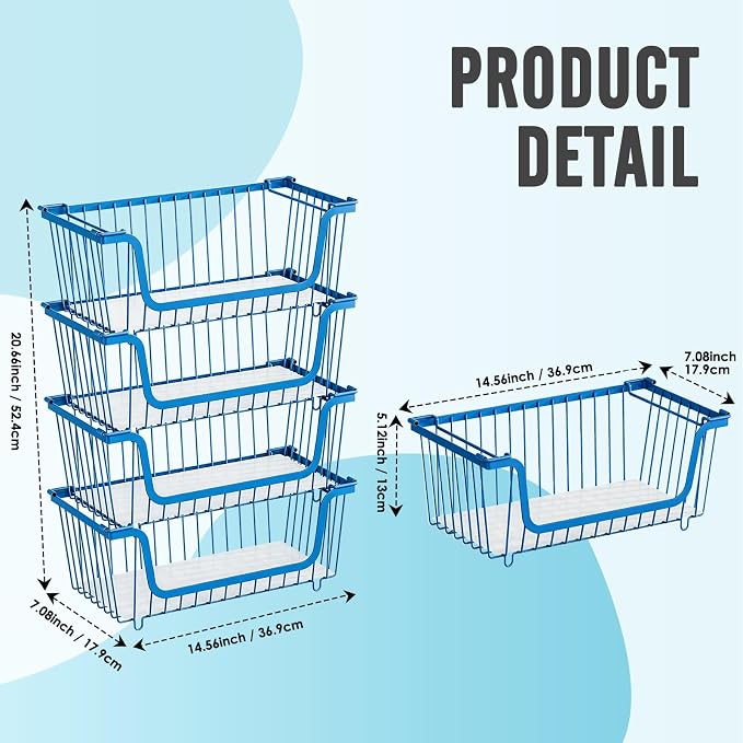4 Pcs Stackable Wire Baskets for Pantry Organizers and Storage,blue, | Vegetable Fruit Basket for Countertop,Kitchen Storage Metal Baskets,Produce Potato Onion Storage Bin,