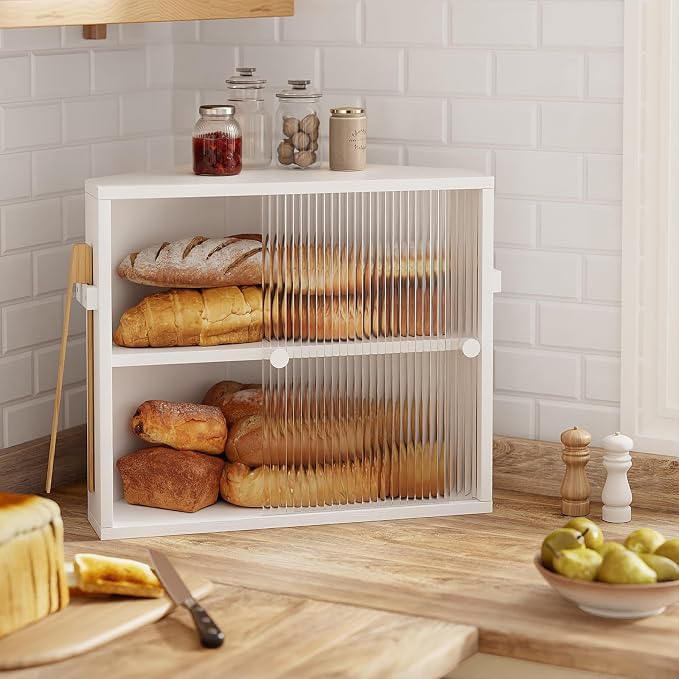 Corner Bread Box with Sliding Acrylic Doors, Double Layer Bread Bin | Bread Box for Kitchen Countertop, Bamboo Bread Storage Container, Large Capacity Vintage Farmhouse, White, Meduim