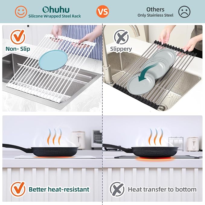 Ohuhu Over Sink Dish Drying Rack, 17.6" W x 15.4" L Roll Up Dish Racks Kitchen Sink Organizer Silicone Wrapped Large in Sink Dish Drying Rack Foldable Rolling Drain Mats Anti-Slip