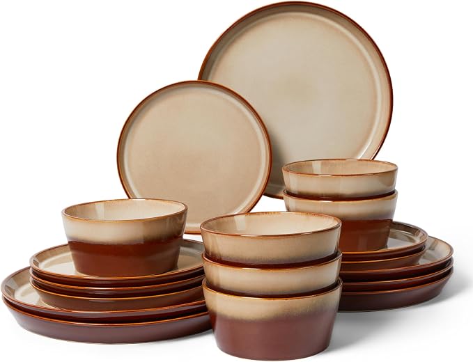 Dinnerware Set for 6, Ceramic Dish Sets, Plate and Bowl Set, Microwave & Dishwasher Safe Dishware Set, Chip & Scratch Resistant Dinner Set, Each Piece Unique, Amber Brown