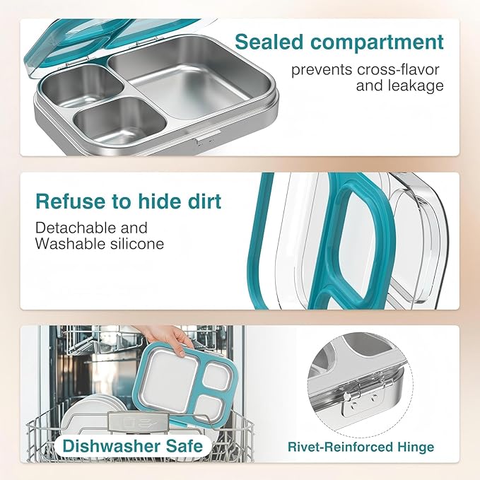 HOMEKOL Stainless Steel Bento Lunch Box, Blue, 3.3Cups | 3-Compartment,Leak-Proof, for Kids & Adults, BPA-Free, Dishwasher Safe, Clear Tritan Lid, 800ml (Not Insulated)