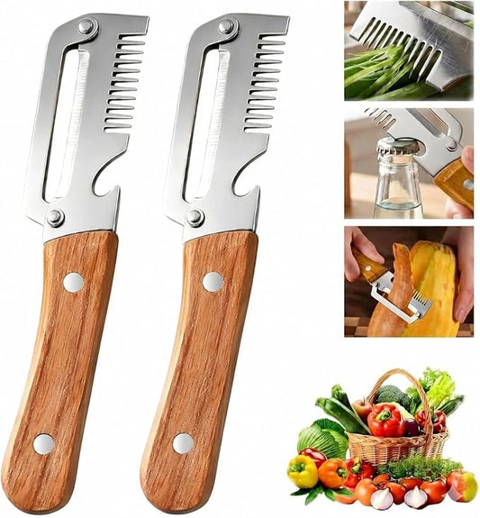 2 Pcs Multifunctional Vegetable Peelers for Kitchen, 3-in-1 Peeler & Bottle Opener & Julienne Peeler, Non-Slip Wooden Handle,Good Sturdy,For Vegetables or Fruits that Need to Be Peeled