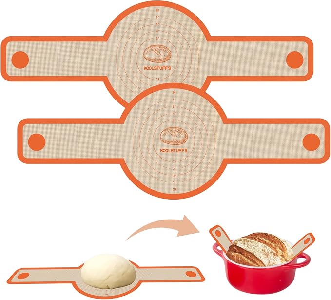 Koolstuffs Sourdough Silicone Bread Sling for Dutch Oven, 2 Pack | Long Handles for Dough Transfer, Nonstick Bread Release, Dishwasher Cleanup, Flexible Reusable Design, Round, Orange
