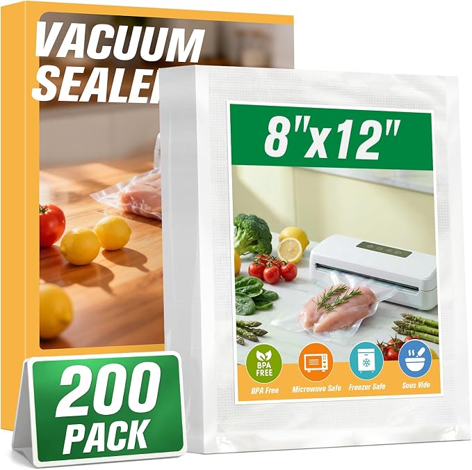 FUNFERY 200 PCS Precut Quart Vacuum Sealer Bags for Food 8" x 12" BPA Free | Airtight Vacuum Seal Freezer Bags for Food Storage, Meal Prep, Sous Vide and Bulk Freezing