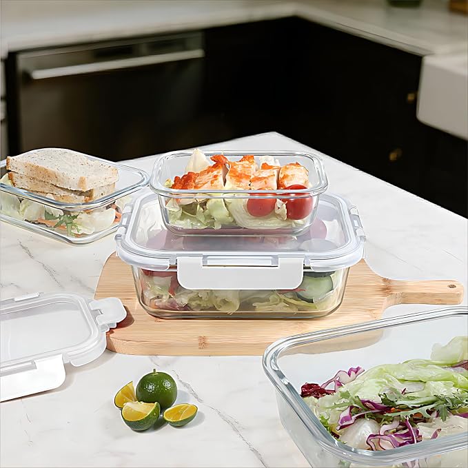 BAYZZ 10 Pack Glass Meal Prep Containers, Glass Food Storage Containers with Lids, Airtight Lunch Box, Freezer,Oven,Microwave and Dishwasher Safe,White