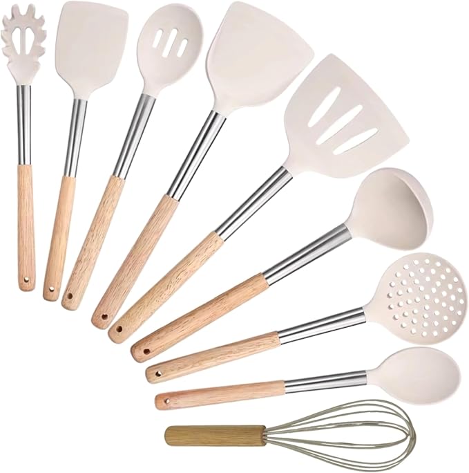 Silicone Kitchen Utensils Set, 9 Pcs Full-Size Non-Toxic Cooking Utensils with Wooden Handles & Stainless Steel Core, Heat Resistant Food Grade Kitchen Gadgets for Nonstick Cookware