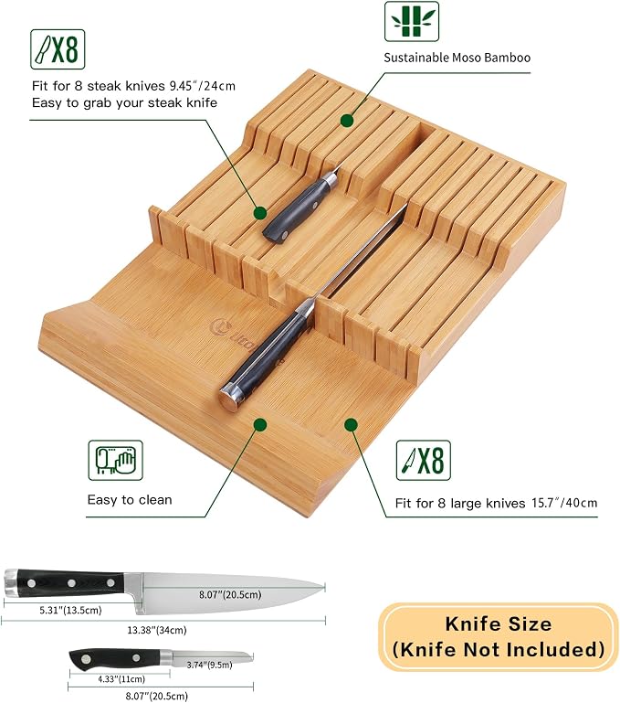 Utoplike In-drawer Knife Block Bamboo Kitchen Knives Drawer Organizer Large | Holder Storage for Steak, Paring, Bread Knives, Holds Up to 16 Knife & 1 Sharpening Steel (Knives & Sharpening Not Included)