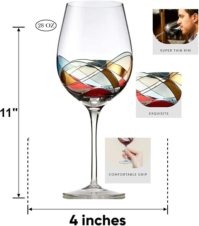 Bezrat Red Wine Glasses Set of 2, Hand Painted Wine Glass, Drinkware Essentials, 11" H, 28oz Wine Lover Large Glass, Glassware Gifts Ideas for Women Inspired by 'Duomo di Milano' Mothers Day (Red)