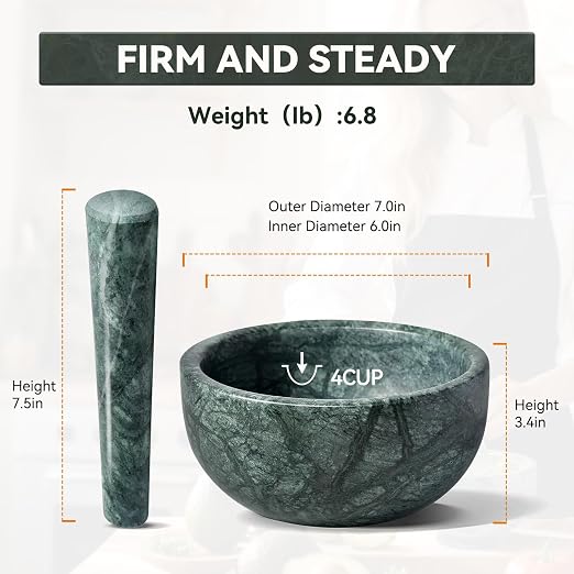 Luxury Marble Mortar and Pestle Set, 7"-4cups Grinder Bowl for Guacamole, Salsa, Pill Crusher, Spice, Herb, Garlic, Nut, Heavy Duty Grinder for Kitchen