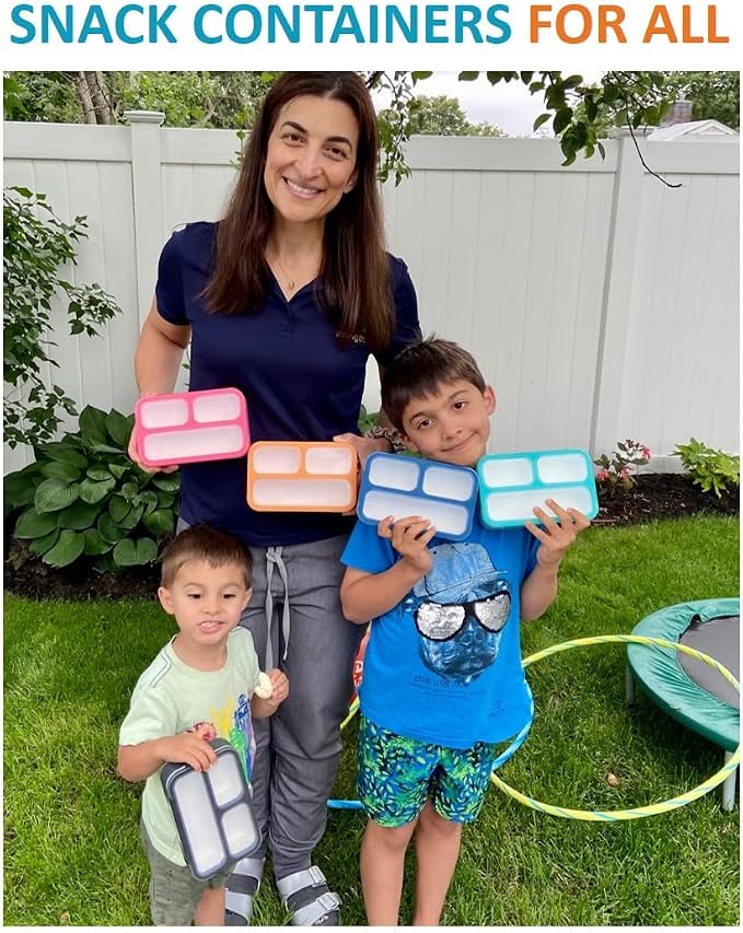 kinsho Snack Container Boxes for Kids Toddlers, 2 Pack Teal Blue & Orange | 3 Compartments, Leak-Proof, Spill Proof, BPA-Free Reusable Small Mini Bento Lunch Box for Daycare School Travel, Holds 2 Cups