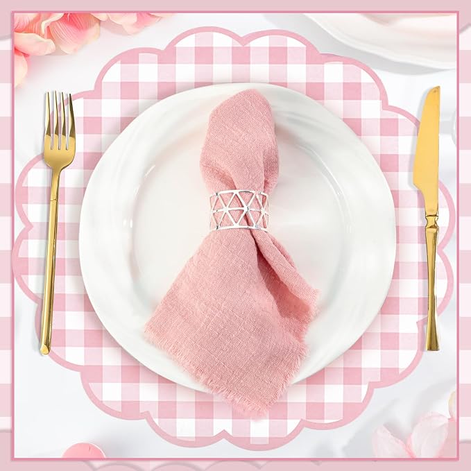 60 Pcs Pink and White Gingham Paper Placemat, Scalloped Checkered Place Mat | 13.5 Inch Disposable Table Placemats Decorative Paper for Anniversay Baby Shower Wedding Banquet Tea Party Picnic
